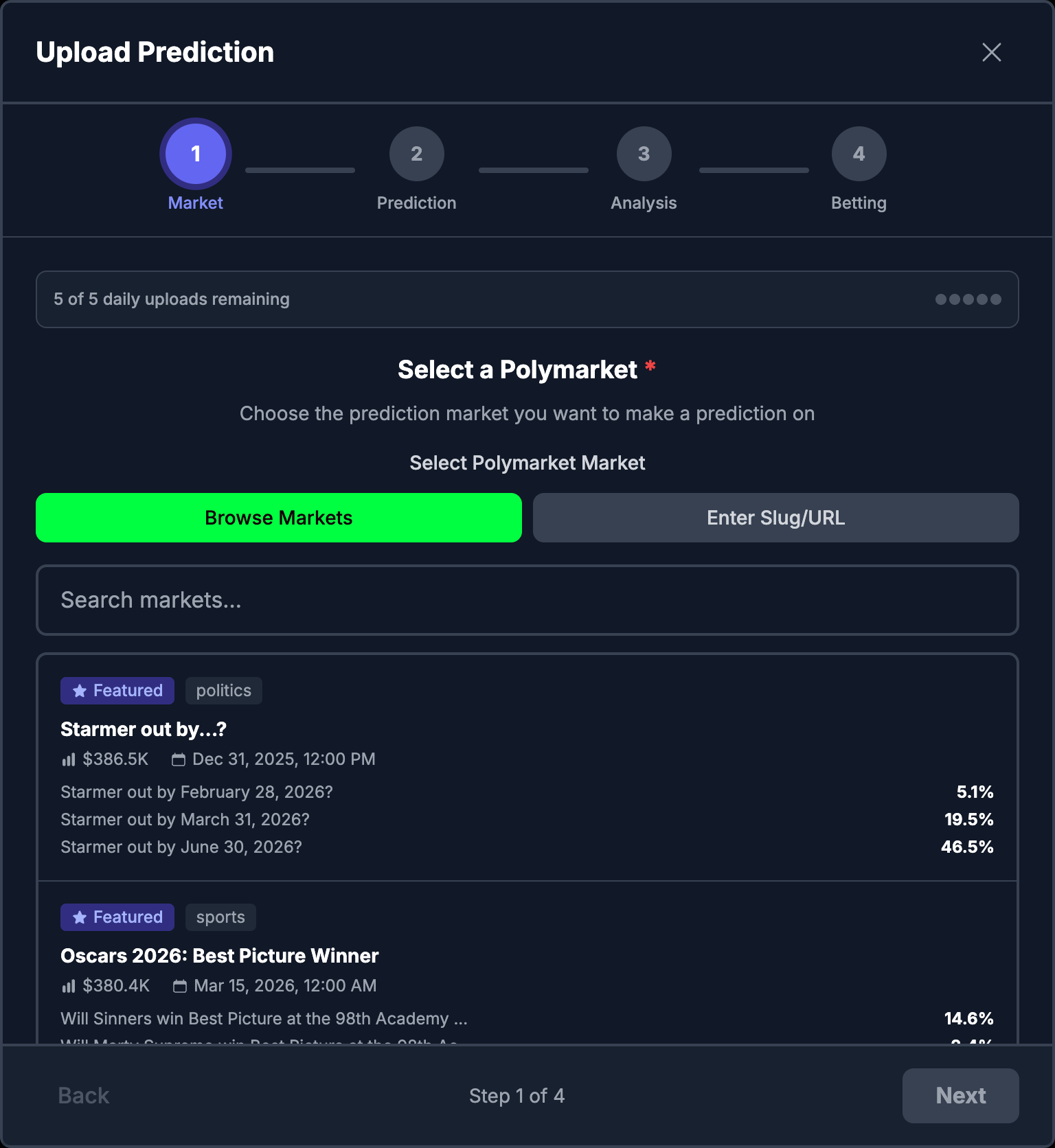 Screenshot of the market search and selection modal